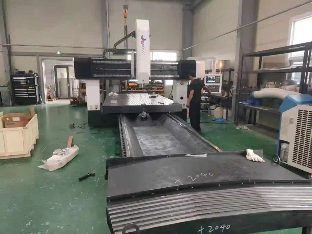 My colleague is carrying out CNC Gantry Milling Machine bed leveling and precision calibration in our Korean customer's factory.