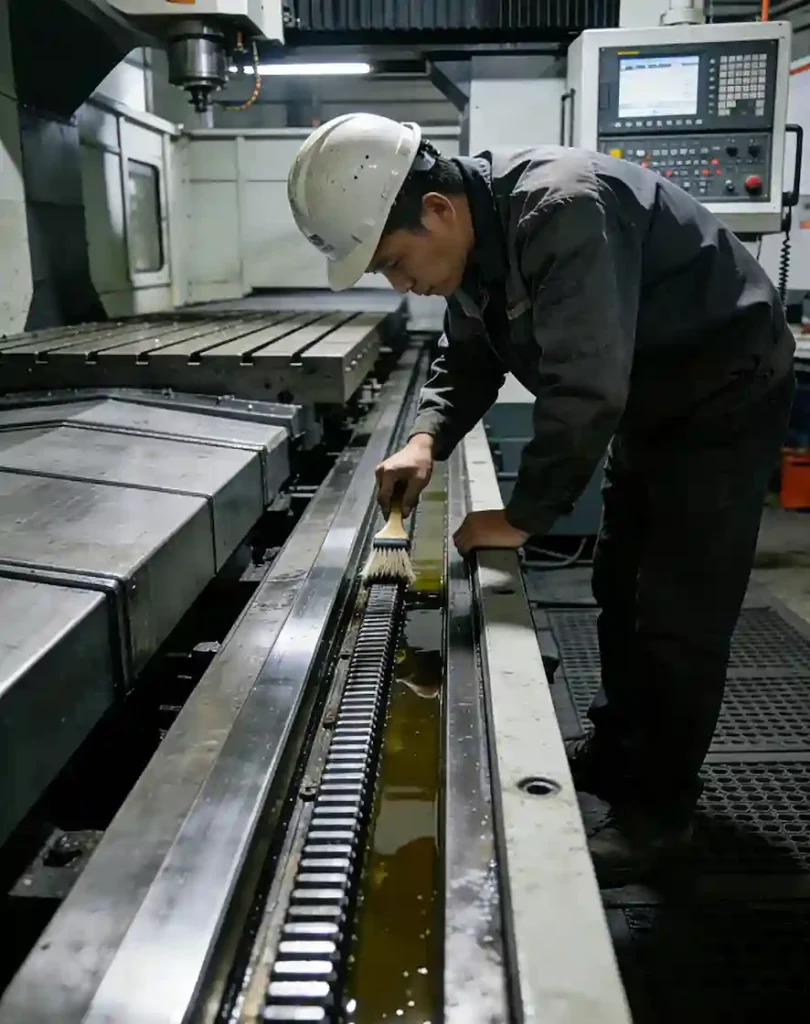 CNC Gantry Milling Machine Daily Maintenance - Machinist Checking Lubrication and Cleaning Linear Guideways with a Soft Brush