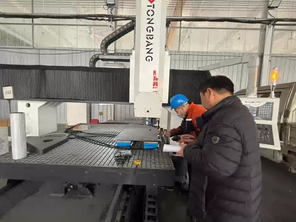 CNC Gantry Milling Machine Customer Trial – Technician Measuring 1.5m×1m Patterned Steel Plate Flatness on Vacuum Adsorption Table