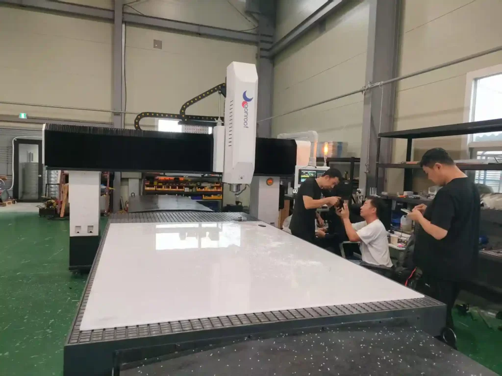 Vacuum Adsorption Table for CNC Gantry Milling Machine – Technician Securing Large Steel Plate Before Face Cutting